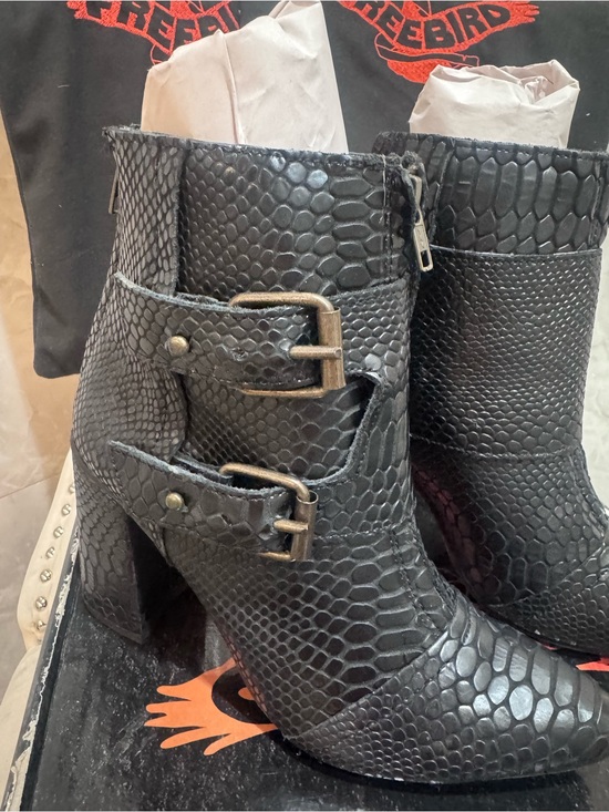 freebird Shoes - NEW Freebird Black Snake-Embossed Buckle Block Heel Ankle Boots
